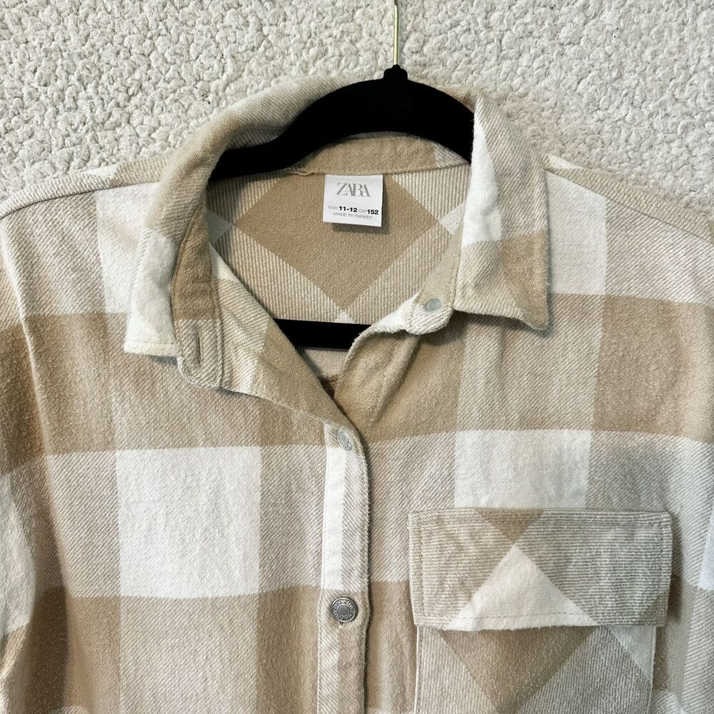 Zara Plaid 100% Cotton SHACKET Jacket Size Youth KIDS 11-12 Beige/Ivory Plaid - Picture 3 of 13